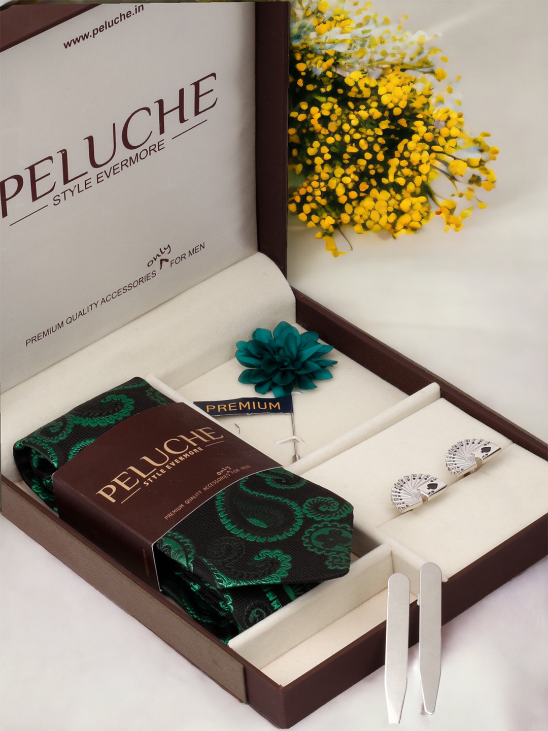 

PELUCHE Men Green Tie, Cufflinks, Pocket Square Accessory Gift Set