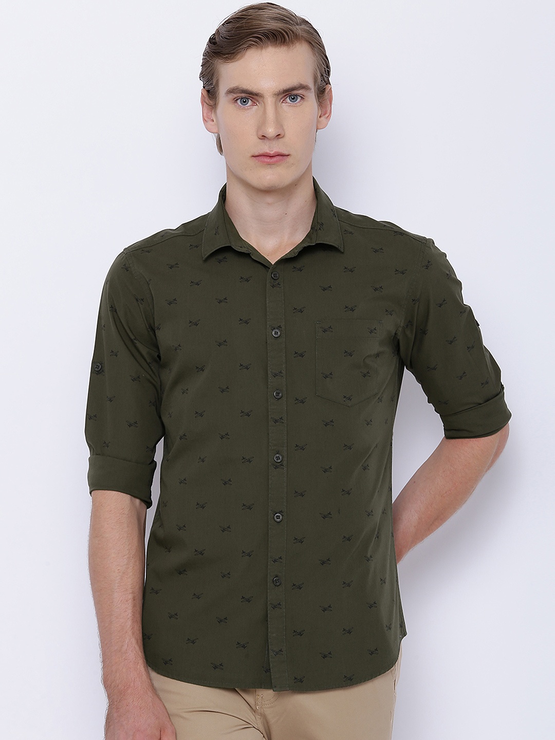 

HIGHLANDER Men Olive Green Slim Fit Printed Casual Shirt