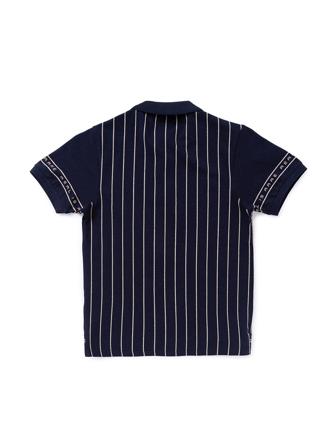 

Status Quo Boys Navy Blue & Cream-Coloured Striped Polo Collar Regular Fit T-shirt