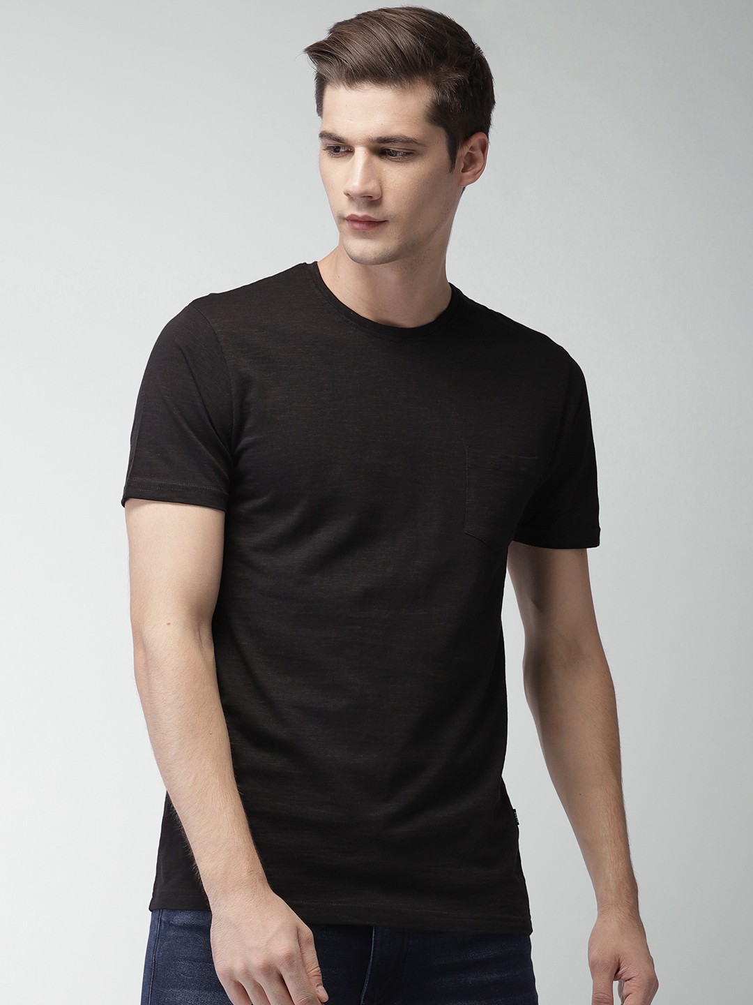 

HIGHLANDER Men Black Slim Fit Solid Round Neck Pure Cotton T-shirt with Chest Pocket