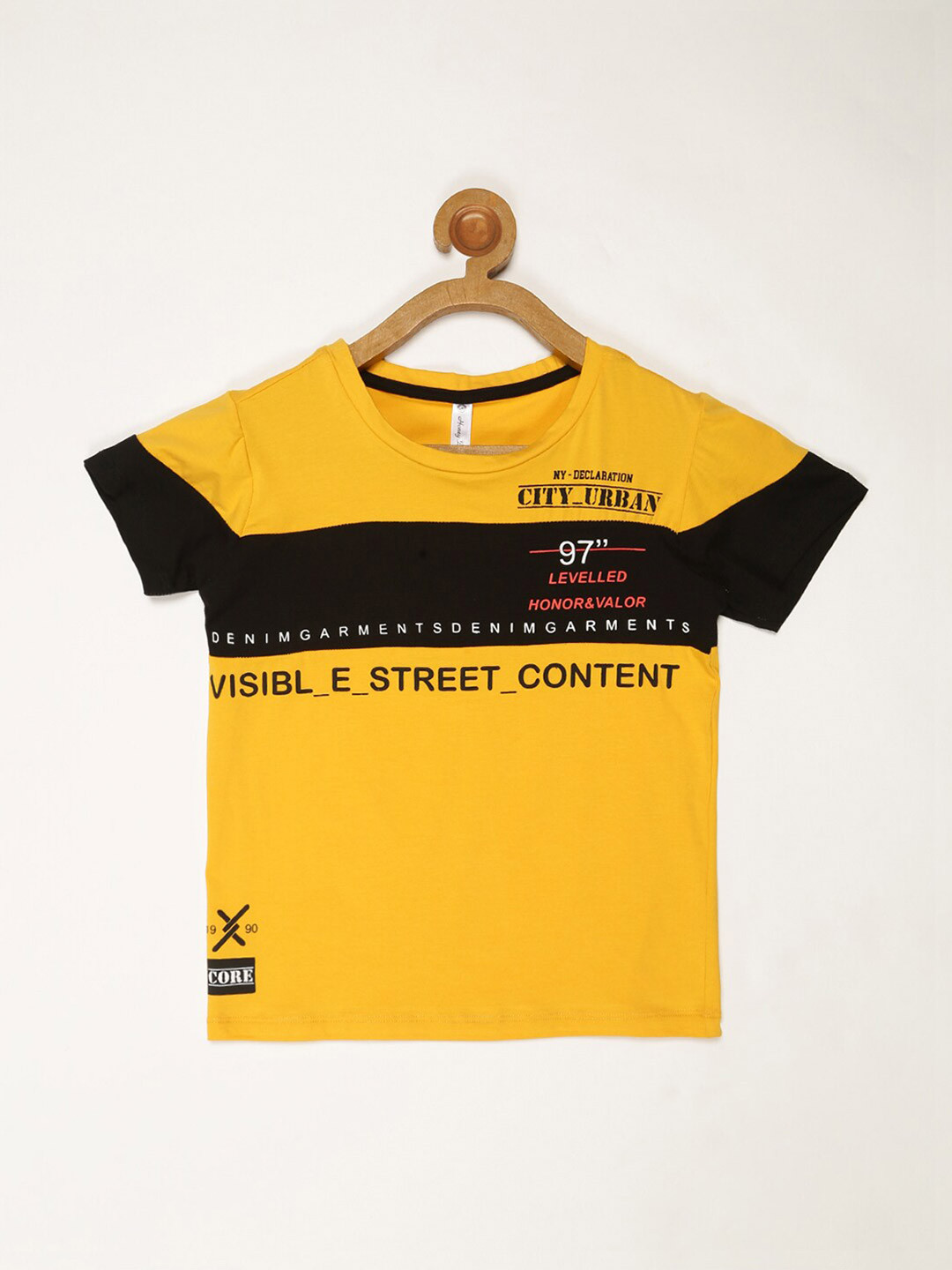 

V2 Value & Variety Boys Mustard Yellow & Black Typography Colourblocked T-shirt
