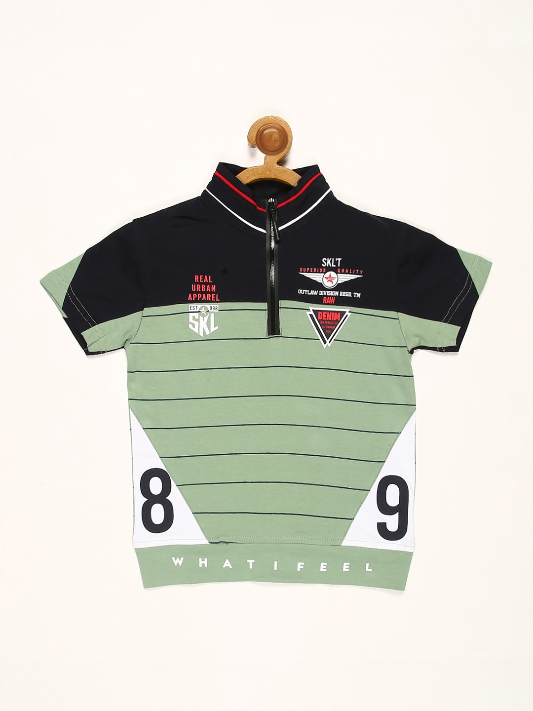 

V2 Value & Variety Boys Green & White Striped Polo Collar T-shirt