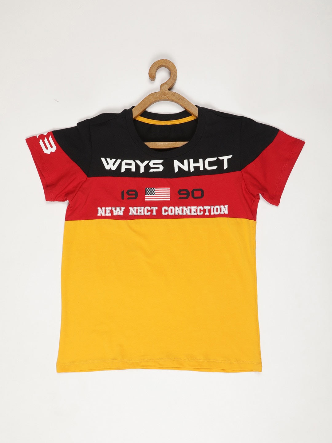 

V2 Value & Variety Boys Mustard Yellow Typography Colourblocked Applique T-shirt