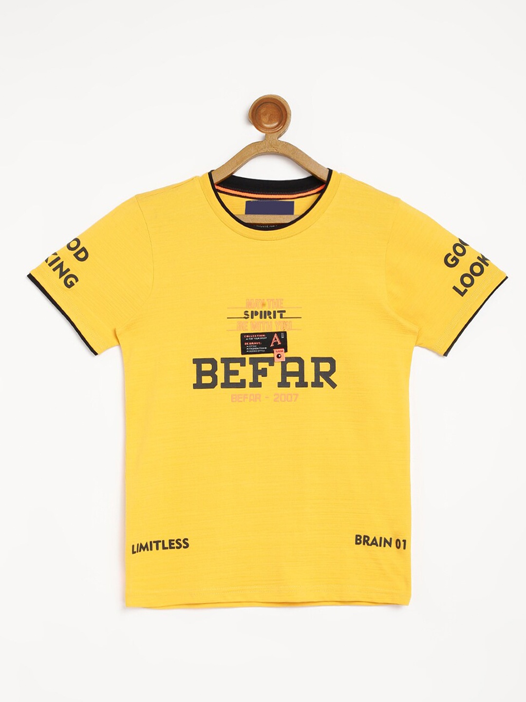 

V2 Value & Variety Boys Mustard Yellow Printed V-Neck Applique T-shirt