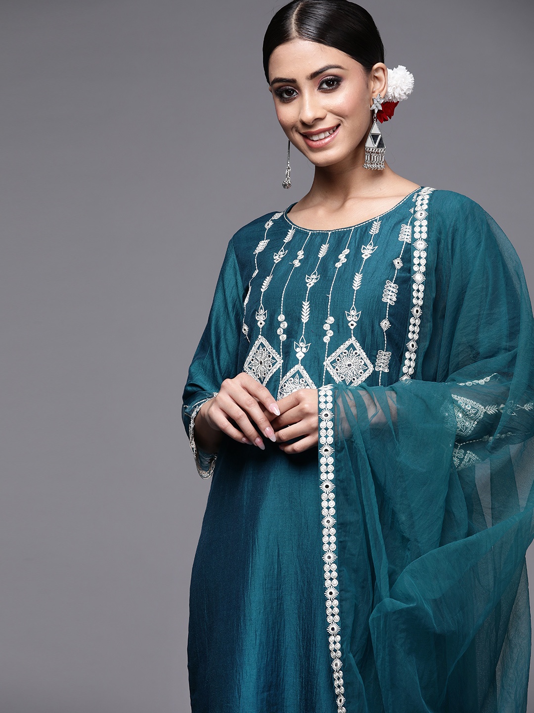 

Indo Era Women Teal Blue Yoke Design Mirror Work Kurta with Trousers & Dupatta