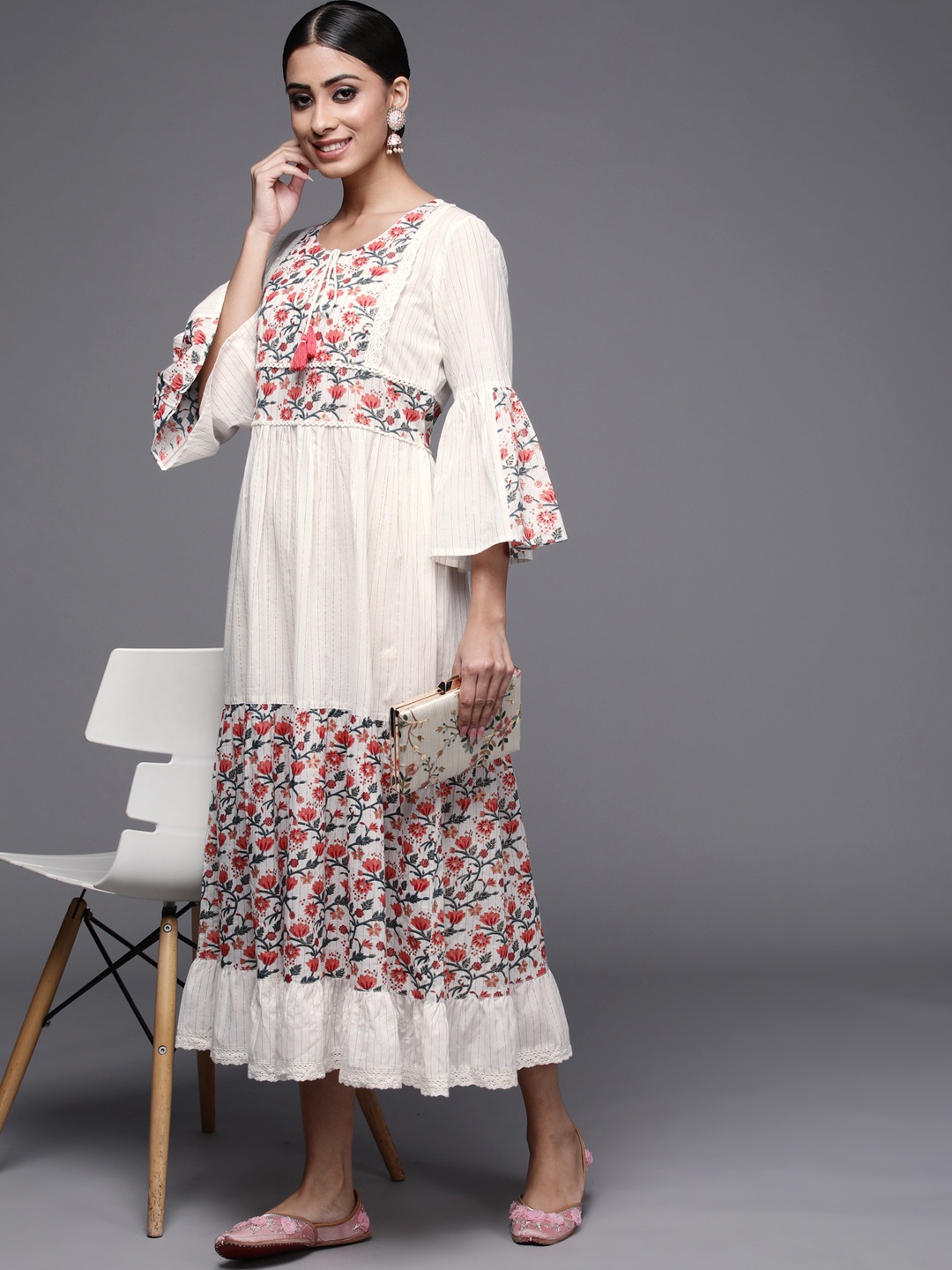 

Indo Era White Ethnic Motifs Embroidered Ethnic A-Line Dress