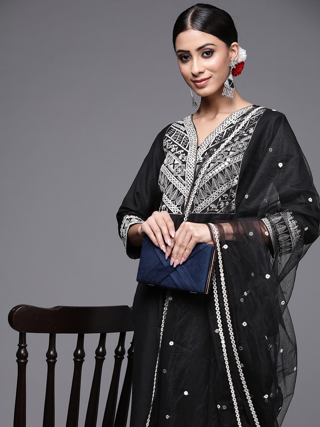 

Indo Era Women Black Ethnic Motifs Embroidered Kurta with Trousers & Dupatta
