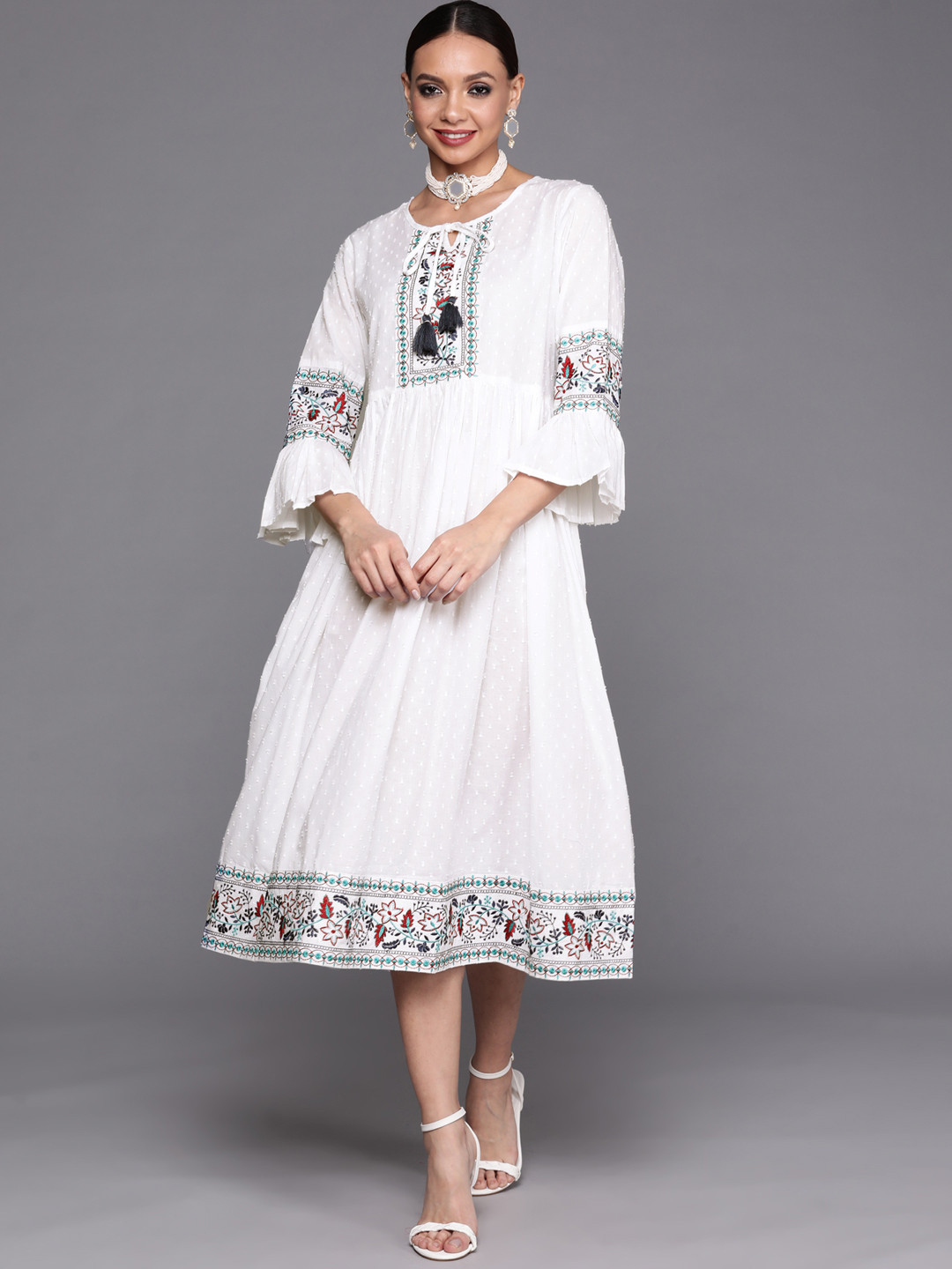 

Indo Era White Ethnic Motifs Embroidered Tie-Up Neck Ethnic Midi Dress