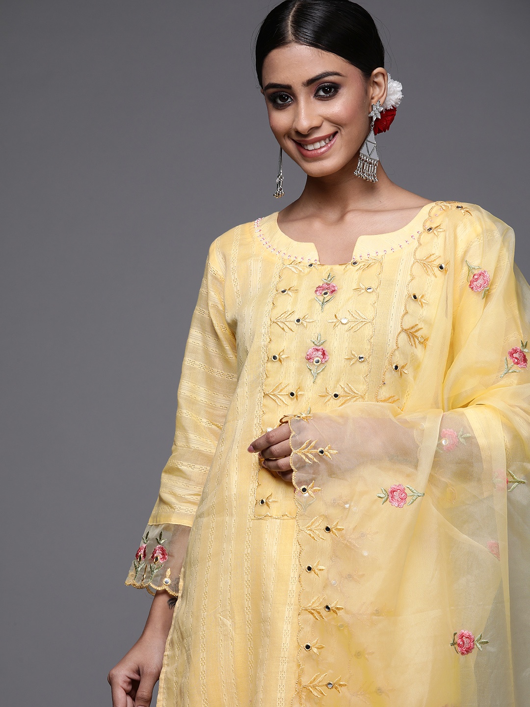 

Indo Era Women Yellow Ethnic Motifs Embroidered Kurta with Trousers & Dupatta