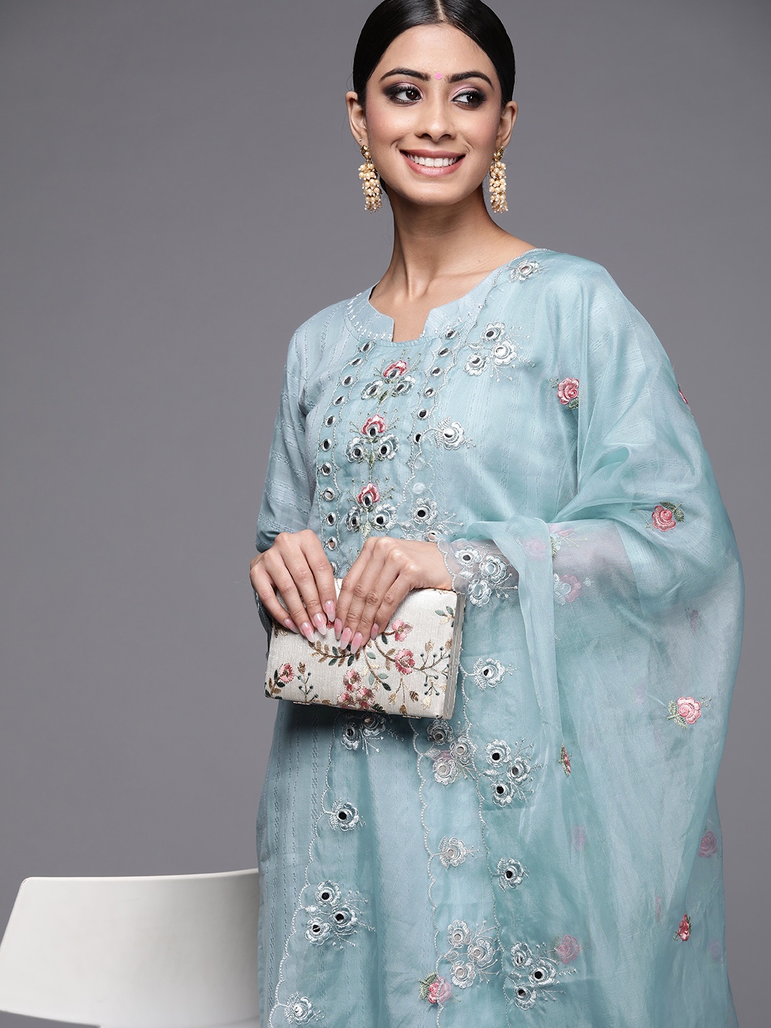 

Indo Era Women Blue Ethnic Motifs Embroidered Kurta with Trousers & Dupatta