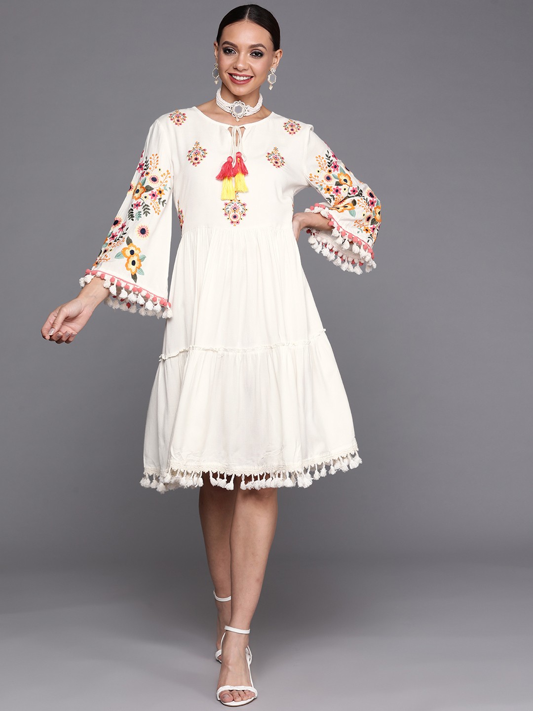 

Indo Era Off White Ethnic Motifs Embroidered Tie-Up Neck Ethnic A-Line Dress