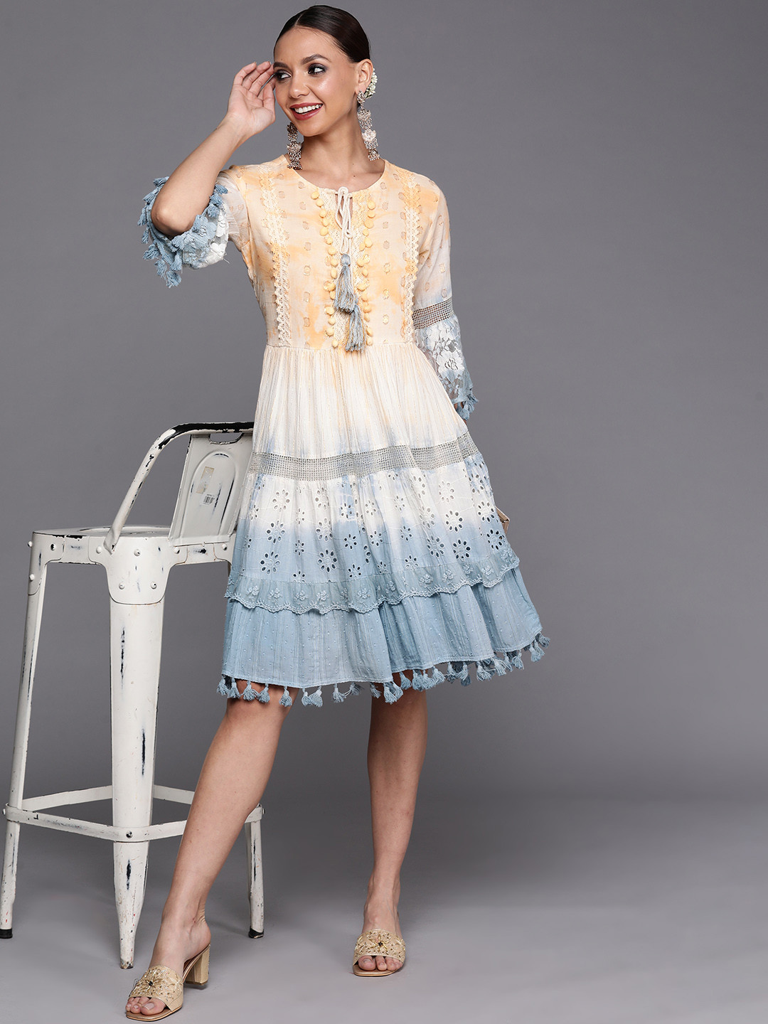 

Indo Era Coral & Grey Dyed Tie-Up Neck Cut Work A-Line Dress