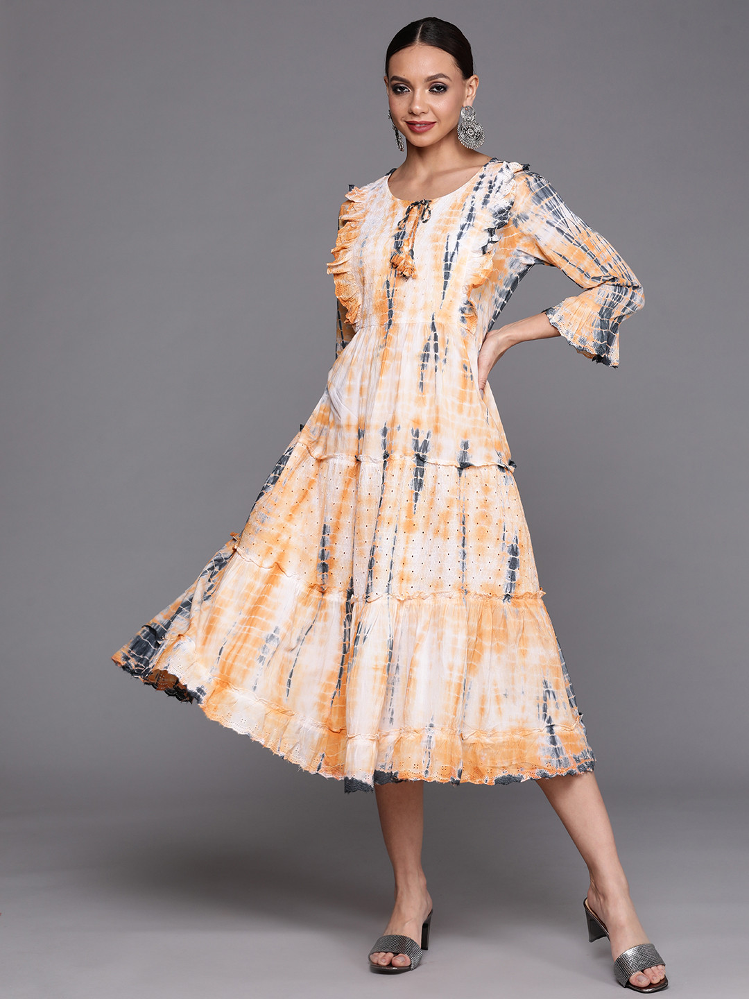 

Indo Era Beige & Grey Tie and Dye Dyed Midi Dress
