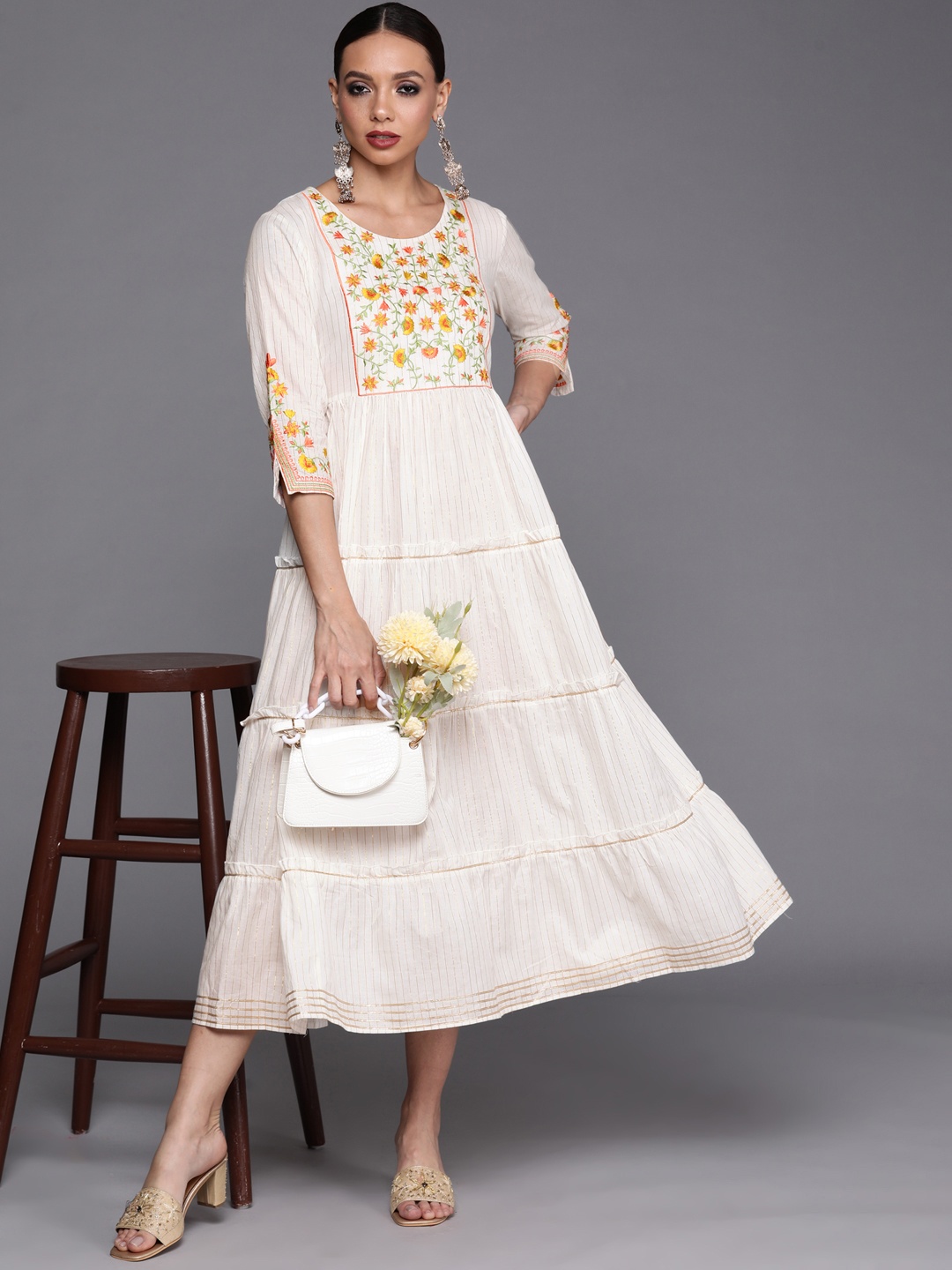 

Indo Era White Floral Embroidered Ethnic A-Line Midi Dress