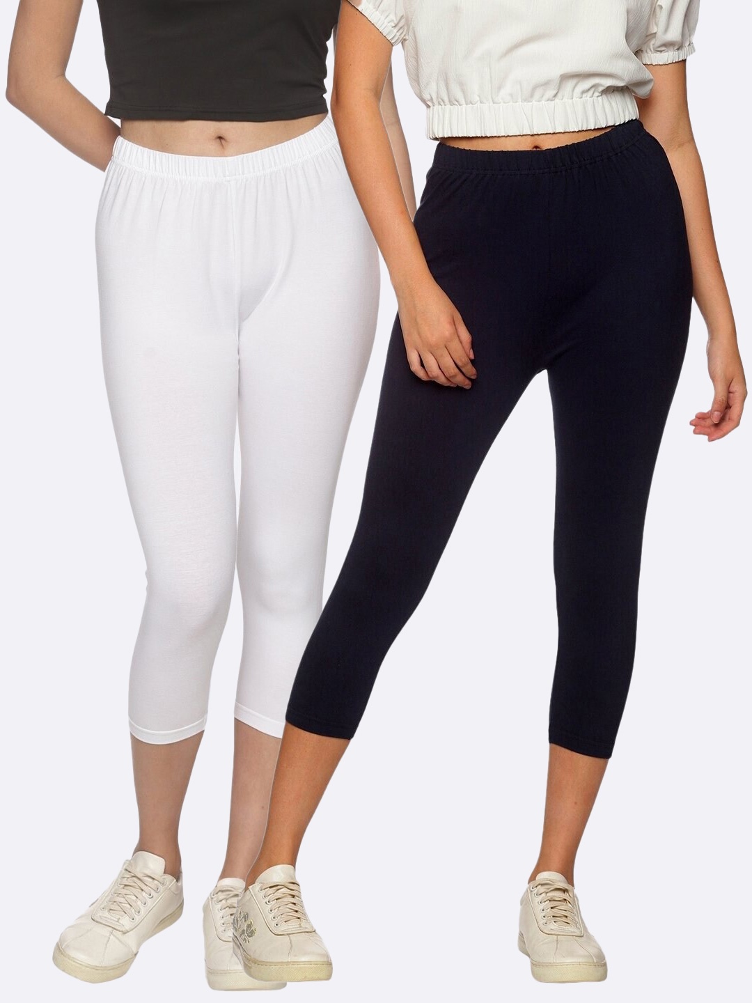 NOT YET by us Women Pack Of 2 Navy Blue & White Slim Fit Capris