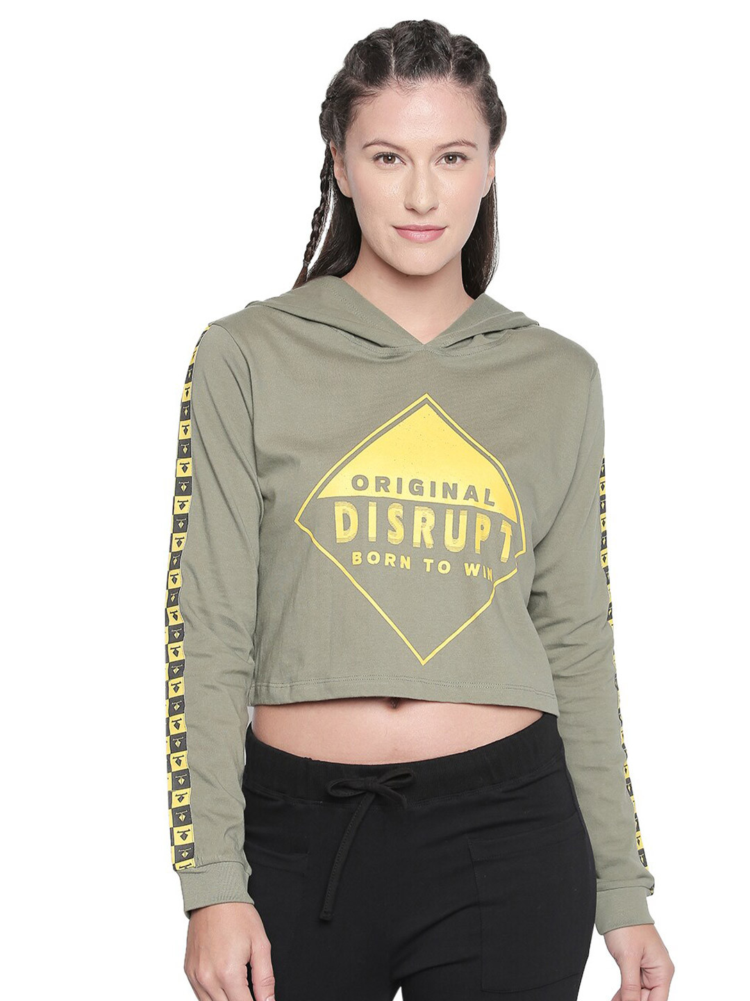 

Disrupt Women Olive Green Printed Cotton Hooded Crop Sweatshirt