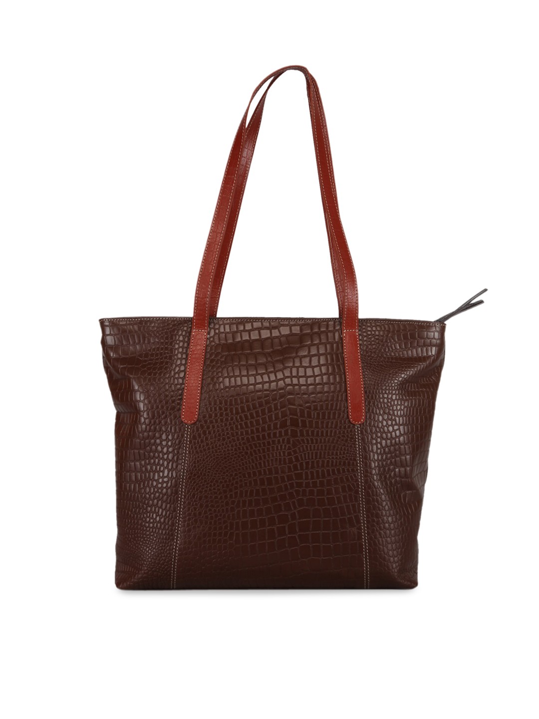 

GENWAYNE Brown Textured Leather Structured Handheld Bag With Cut Work
