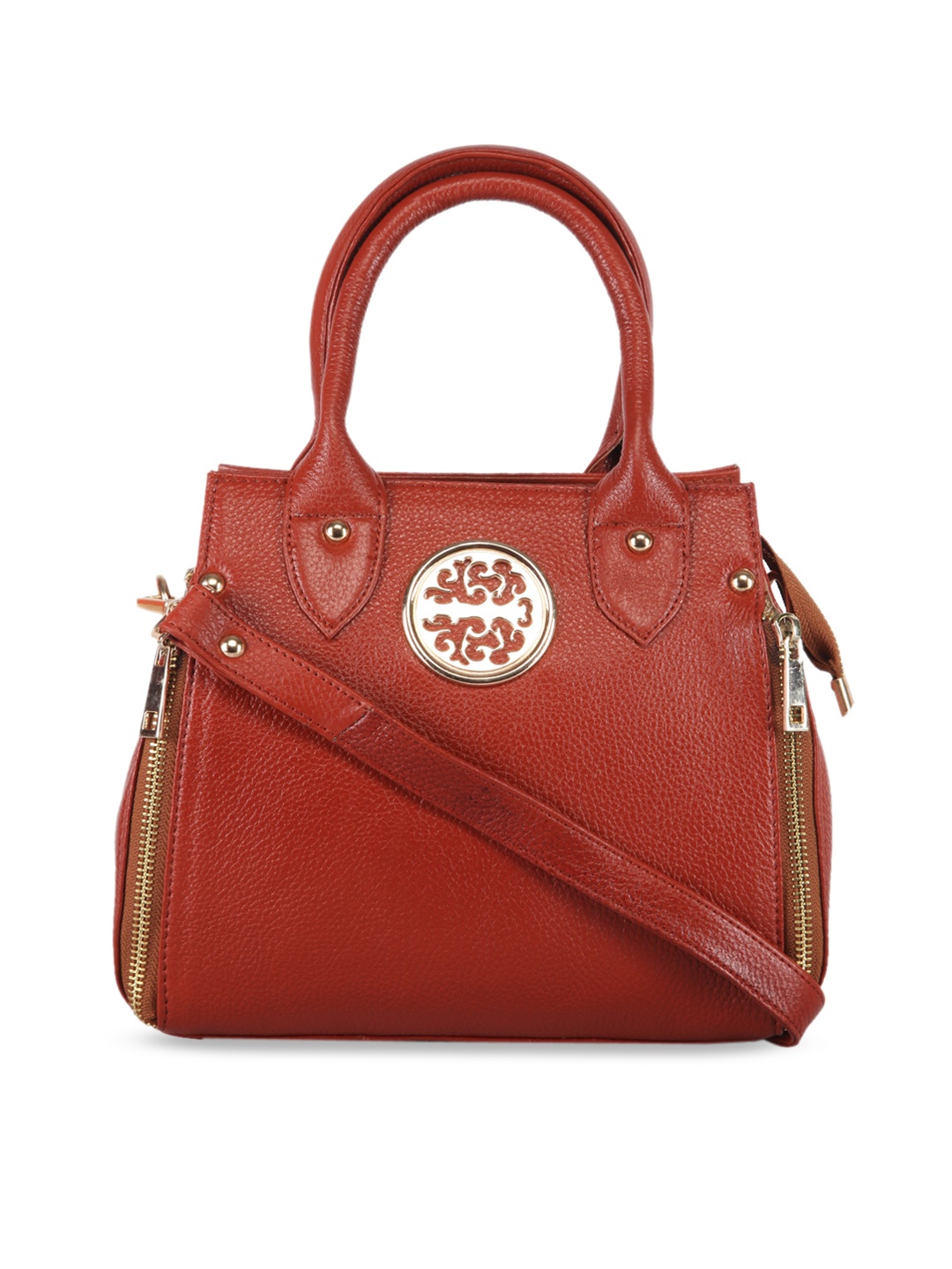 

GENWAYNE Tan Leather Structured Handheld Bag With Applique