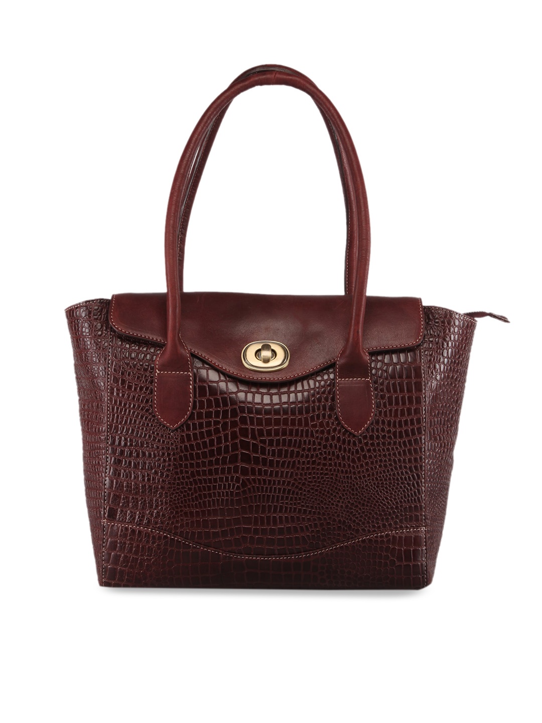

GENWAYNE Brown Textured Leather Structured Handheld Bag