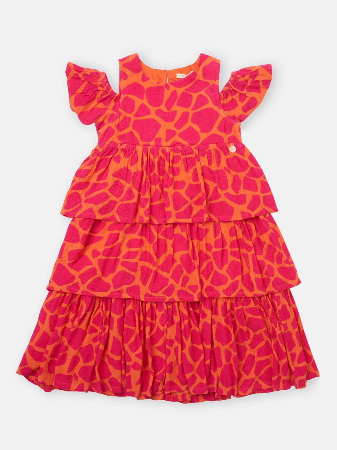 

Angel & Rocket Girls Pink & Orange Printed Cold -Shoulder Midi Dress