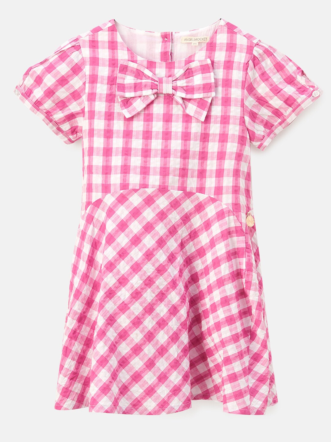 

Angel & Rocket Girls Pink & White Checked Round Neck Cotton Fit & Flare Dress