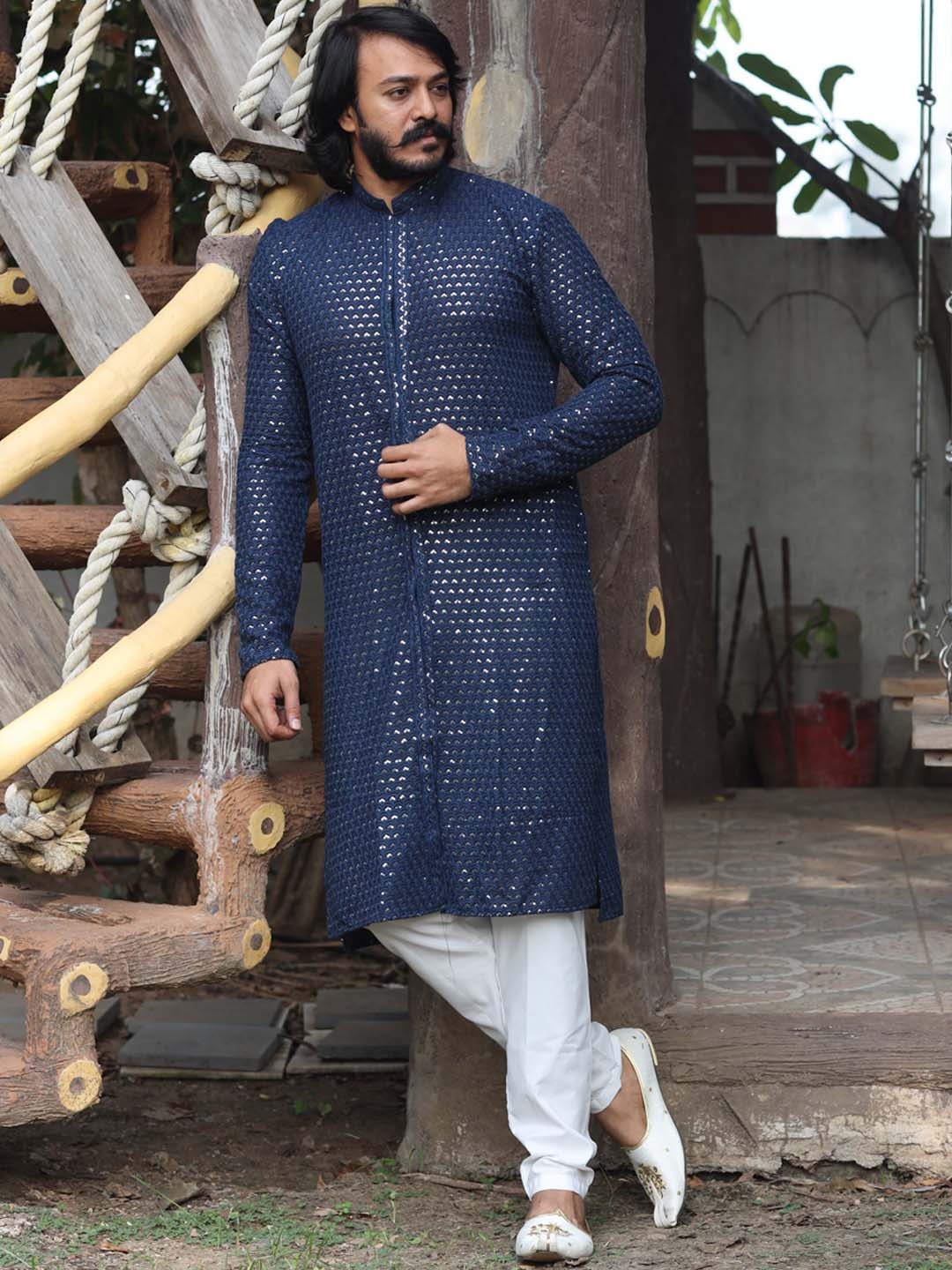 

amzira Men Navy Blue Ethnic Motifs Embroidered Sequinned Kurta With Trousers