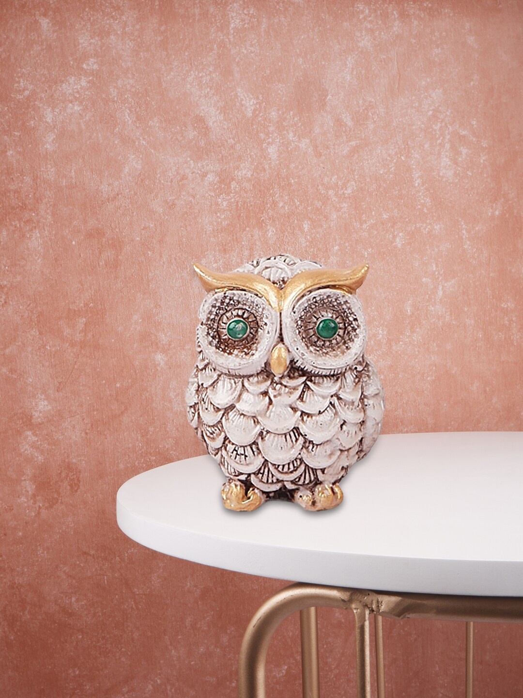 

THE WHITE INK DECOR White & Gold-Toned Textured Antique Owl Showpiece