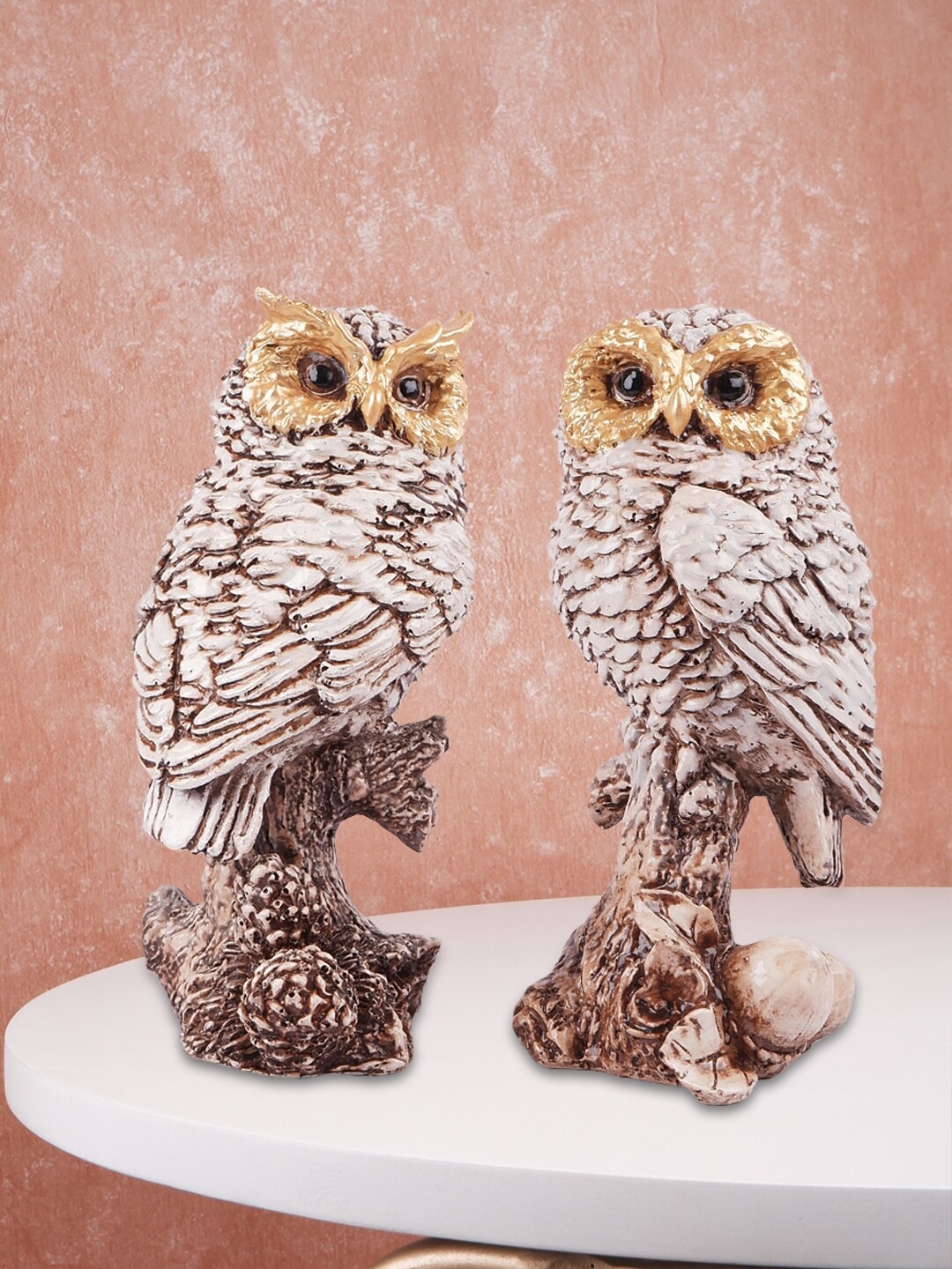 THE WHITE INK DECOR Set of 2 White & Brown Owl Showpieces