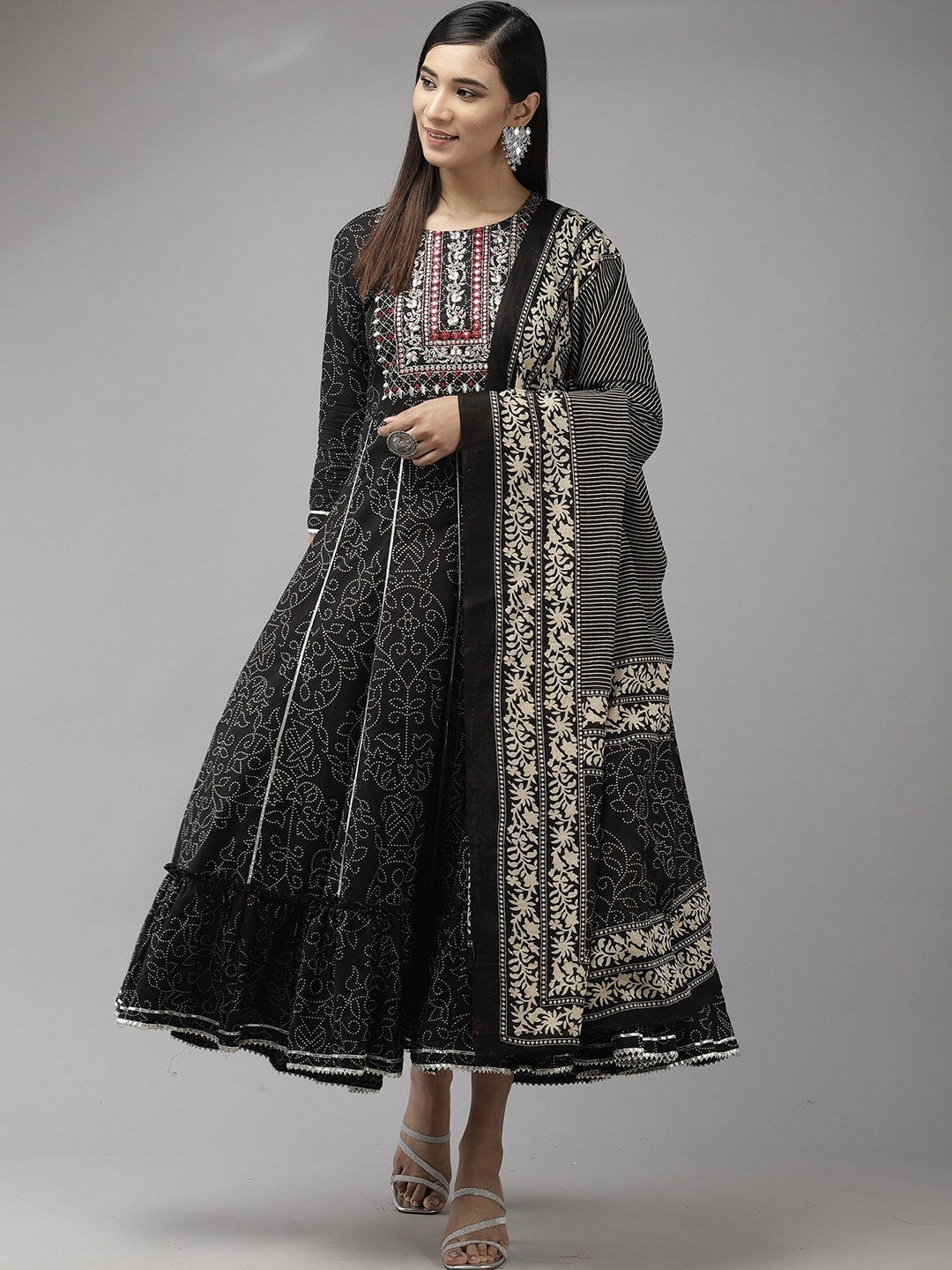 Indo Era Women Black & Red Bandhani Printed Mirror Work Kurta With Dupatta
