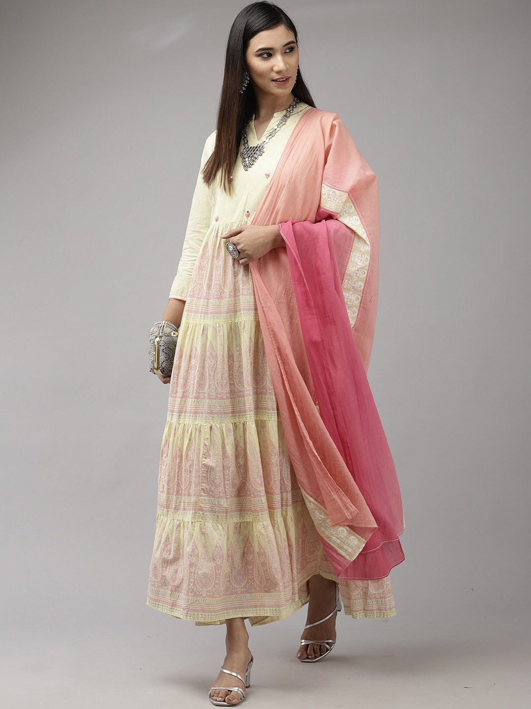 

Indo Era Sea Green Colourblocked Ethnic Maxi Dress