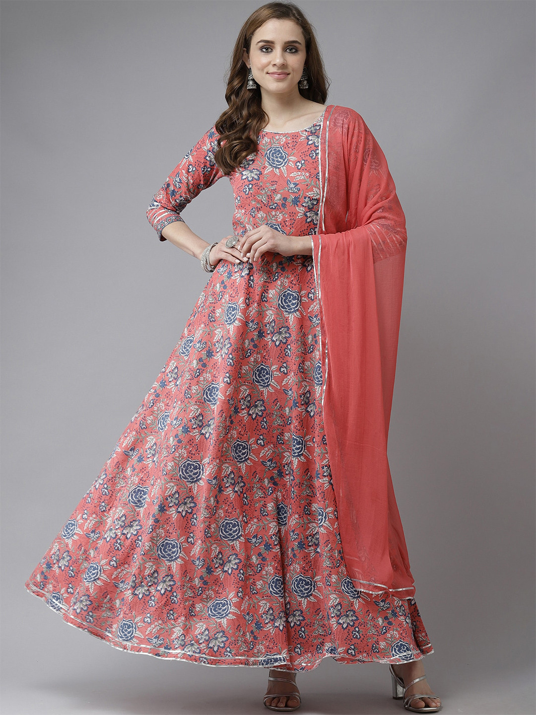 

Indo Era Coral Floral Ethnic Maxi Dress & Dupatta
