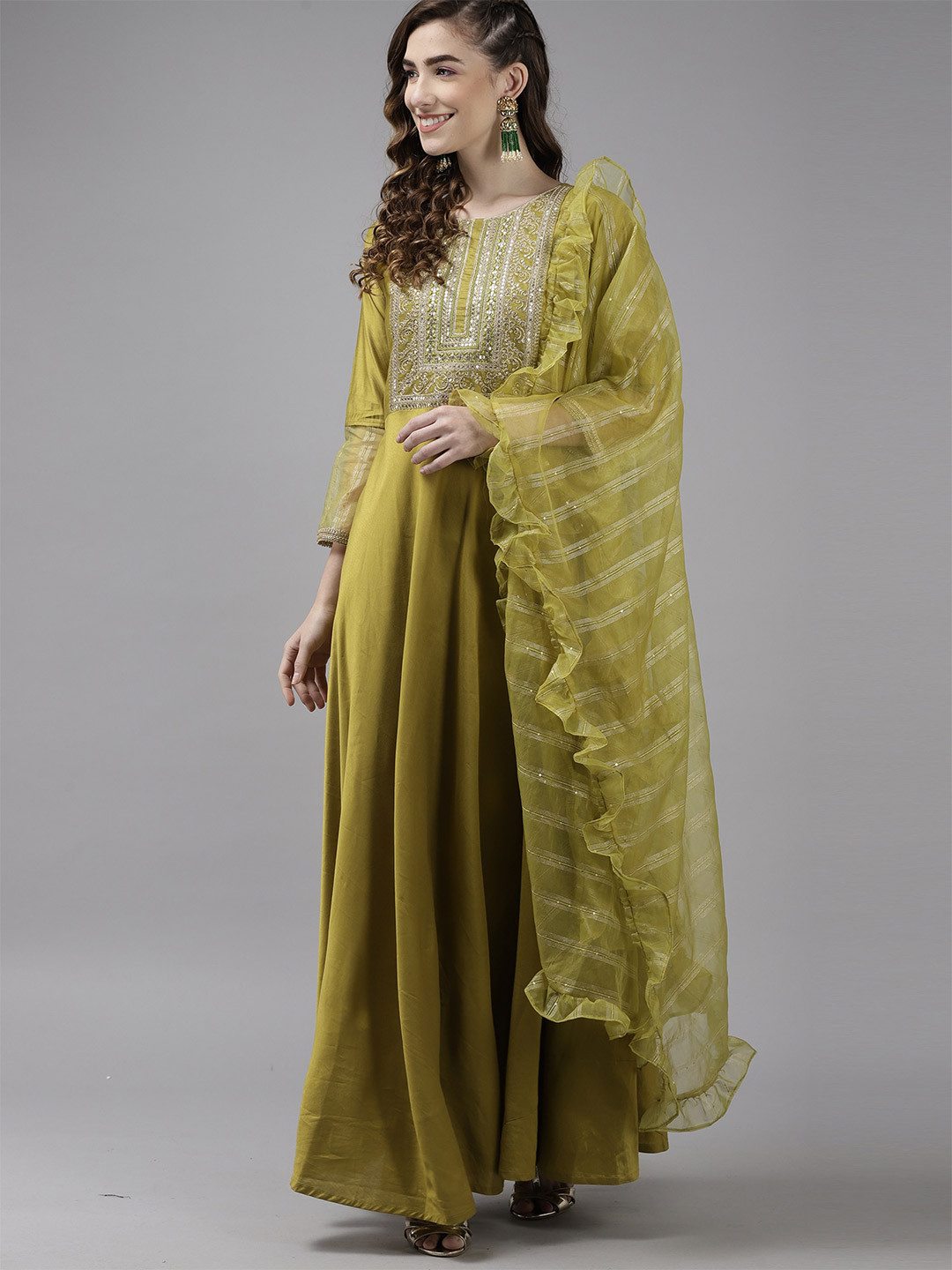 

Indo Era Olive Green & Gold-Toned Ethnic Motifs Maxi Dress With Dupatta