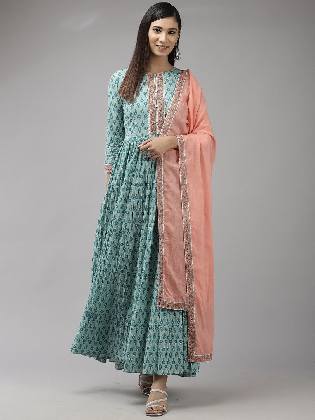 

Indo Era Ethnic Motifs Print Ethnic Cotton Maxi Ethnic Dress With Dupatta, Green