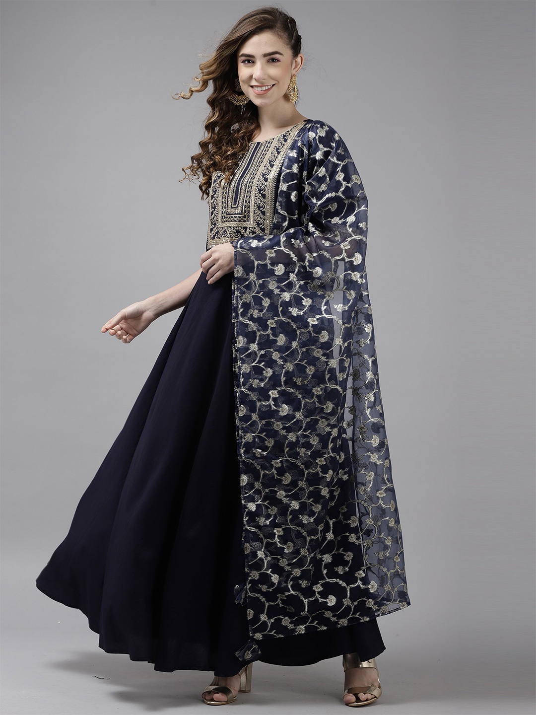 

Indo Era Navy Blue Floral Embroidered Ethnic Maxi Dress With Dupatta