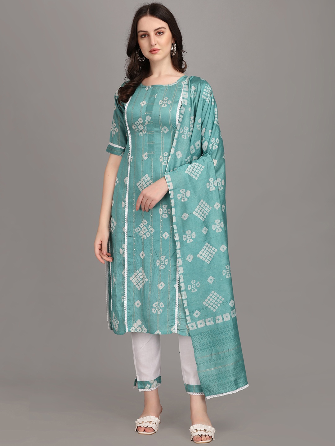 

Fashion Booms Women Sea Green Floral Printed Pure Cotton Kurta with Trousers & With Dupatta