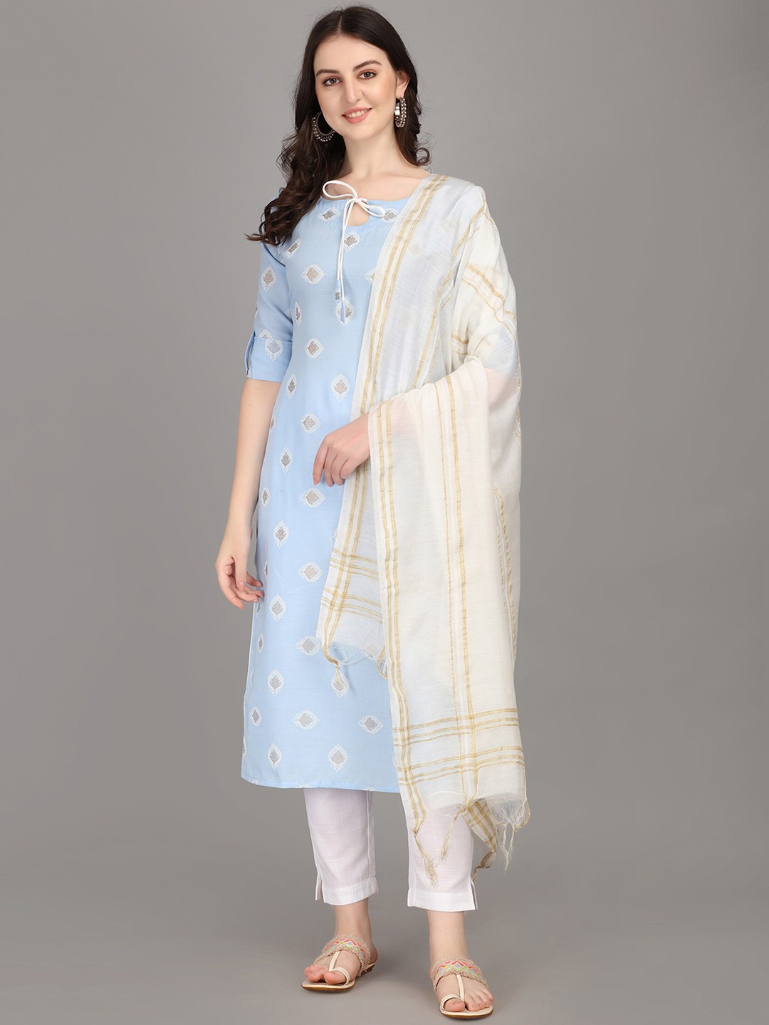 

Fashion Booms Women Blue Ethnic Motifs Printed Pure Cotton Kurta with Trousers & With Dupatta
