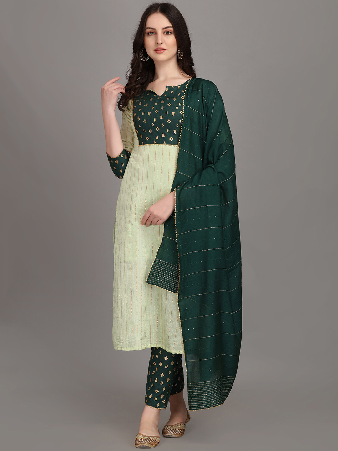 

Fashion Booms Ethnic Motifs Pure Cotton Kurta with Trousers & With Dupatta 90% Cotton, Lime green