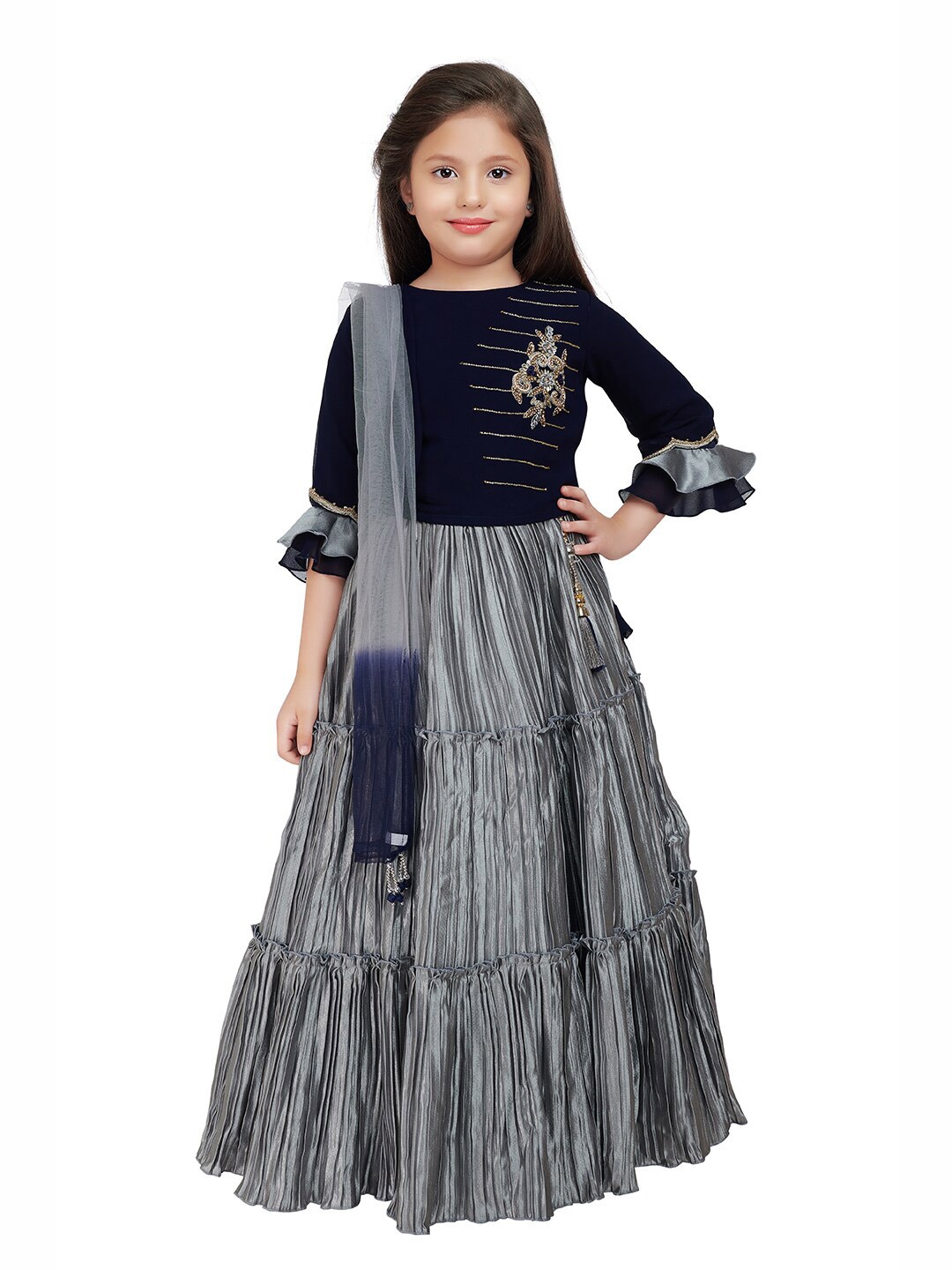 

BETTY Girls Blue & Grey Ready to Wear Lehenga & Blouse With Dupatta