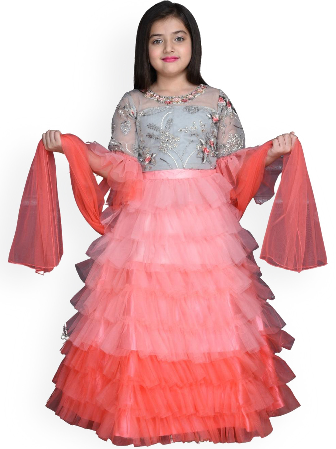 

BETTY Girls Red & Grey Embroidered Ready to Wear Lehenga & Blouse With Dupatta