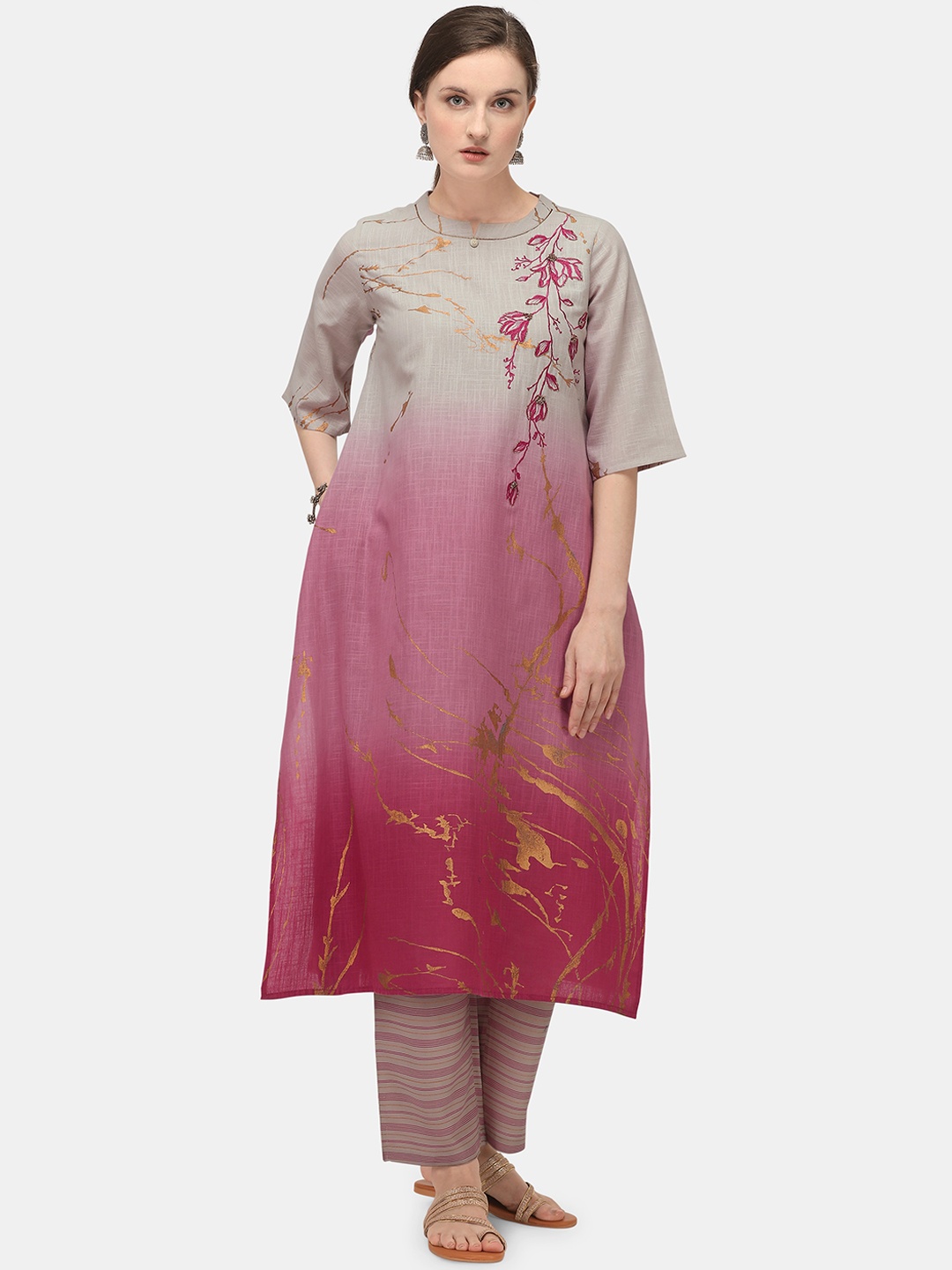 

Jansi Women Magenta & Grey Floral Embroidered Kurta with Trousers