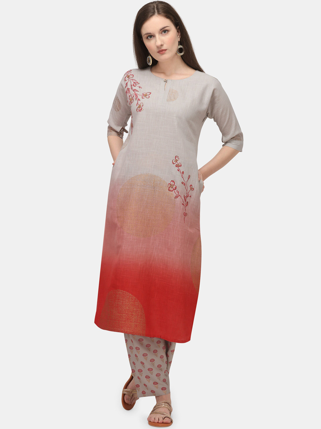 

Jansi Women Red Floral Embroidered Kurti with Palazzos