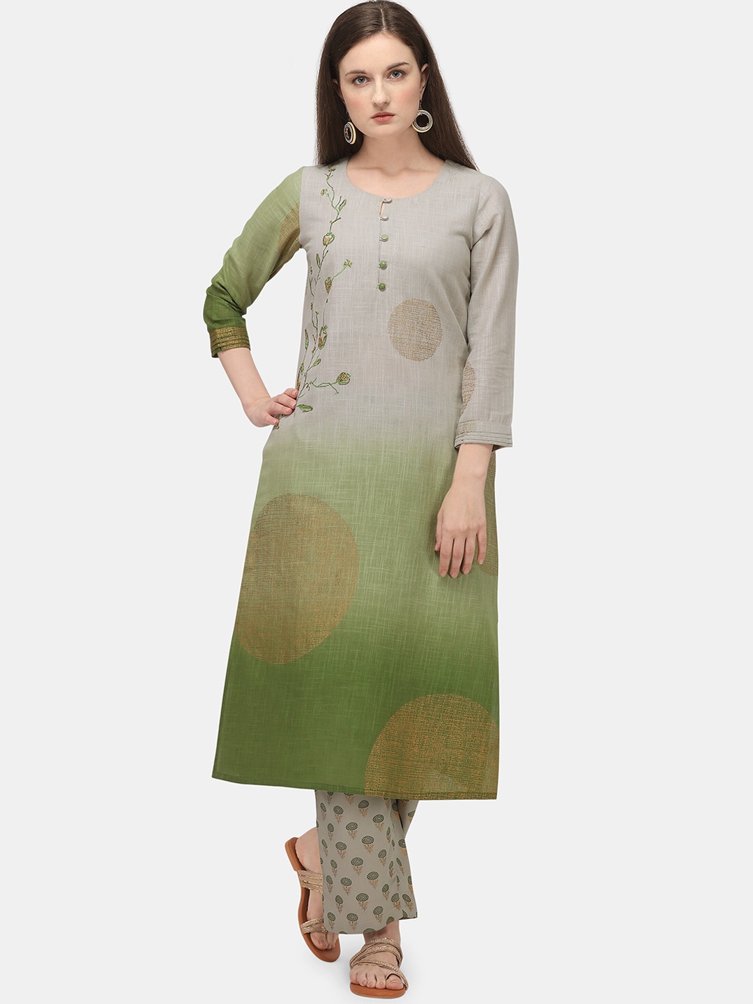 

Jansi Women Green & Grey Floral Embroidered Kurta with Palazzos