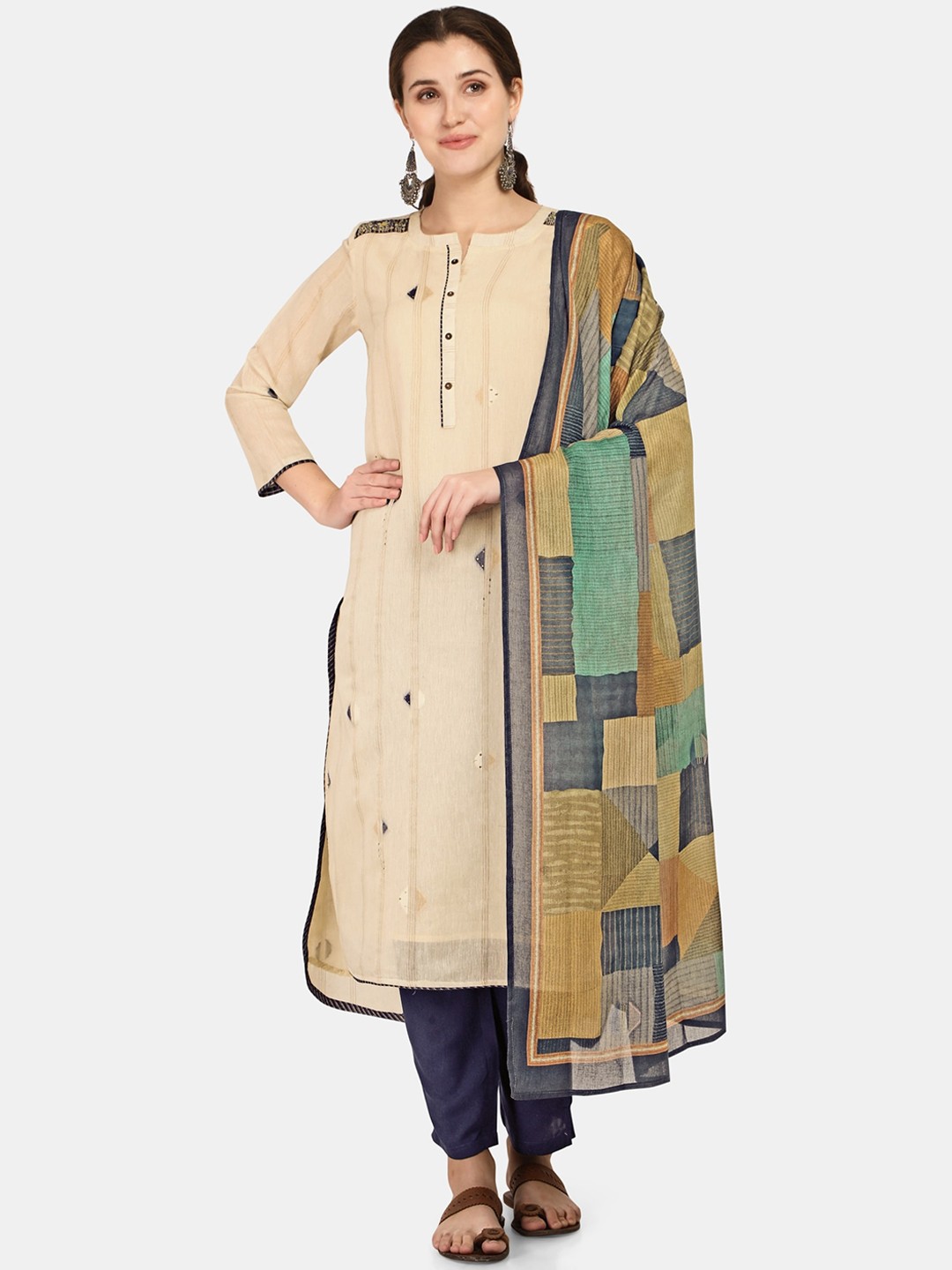 

Jansi Women Cream-Coloured Printed Linen Kurta With Trousers & Dupatta