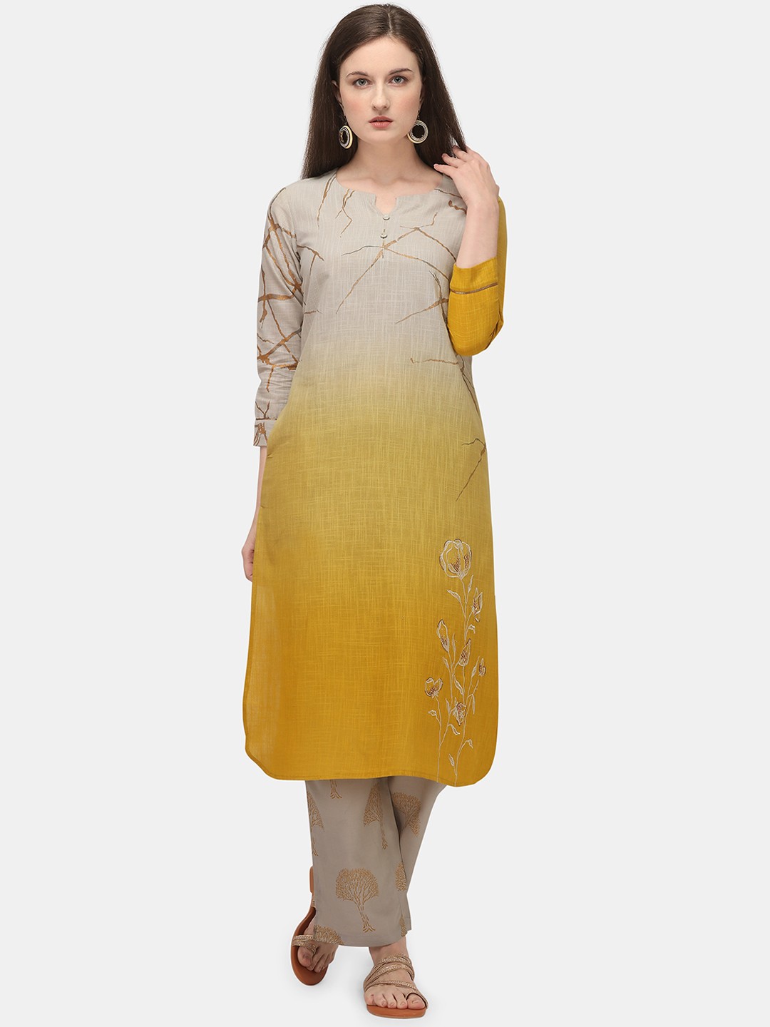 

Jansi Women Yellow Floral Printed Kurta with Trousers