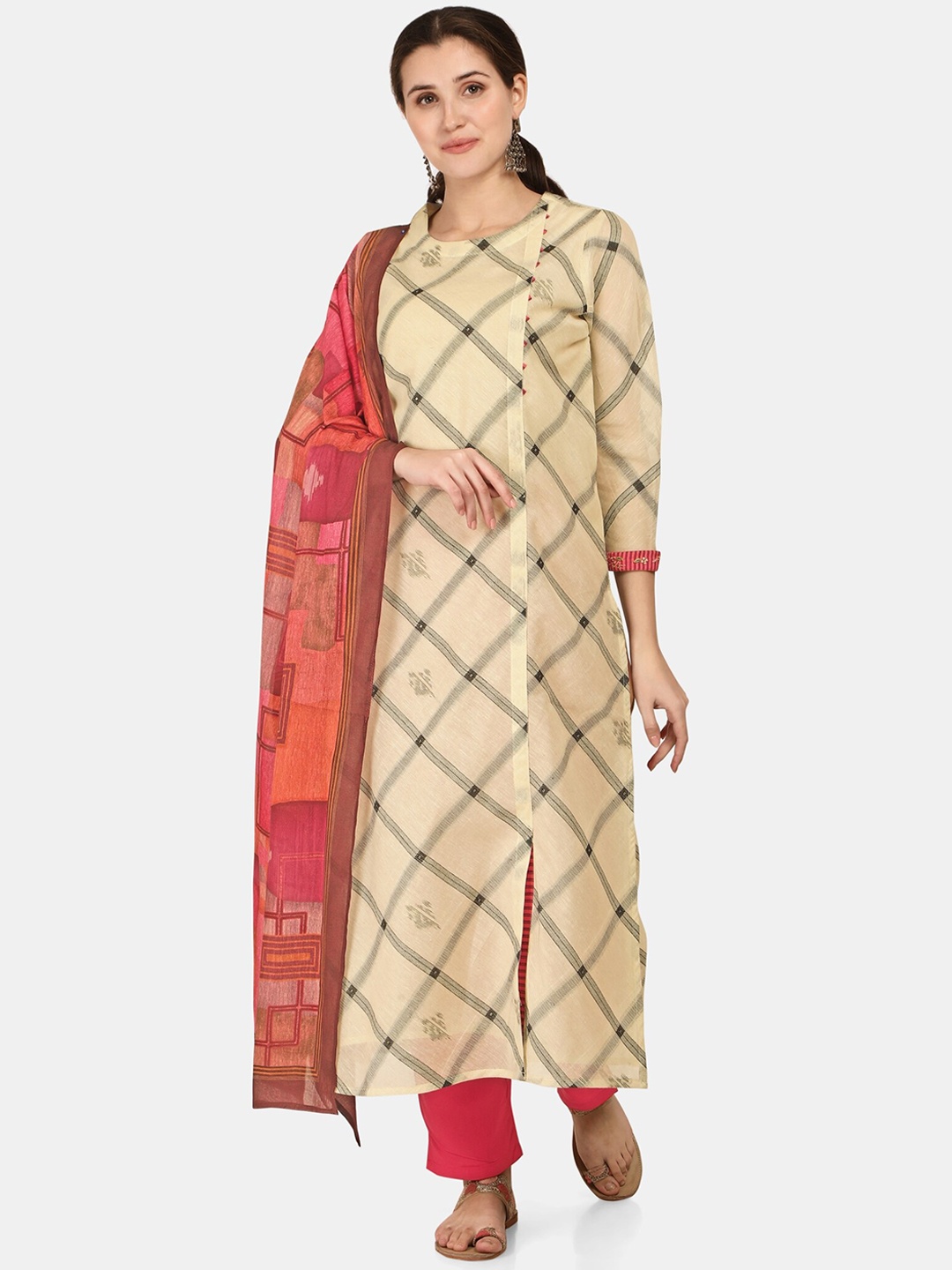 

Jansi Women Cream-Coloured Printed Angrakha Linen Kurta with Trousers