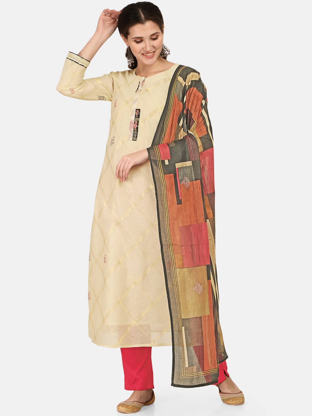 

Jansi Women Cream-Coloured Woven Design Linen Kurta Set