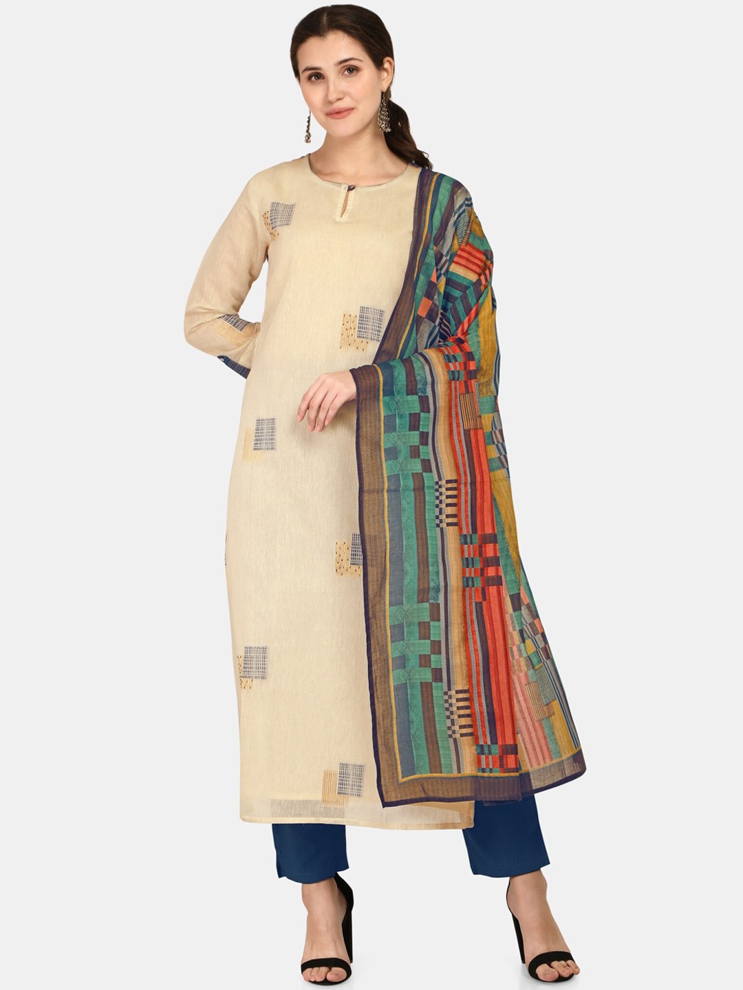 

Jansi Women Cream & Blue Printed Linen Kurta with Trousers & With Dupatta