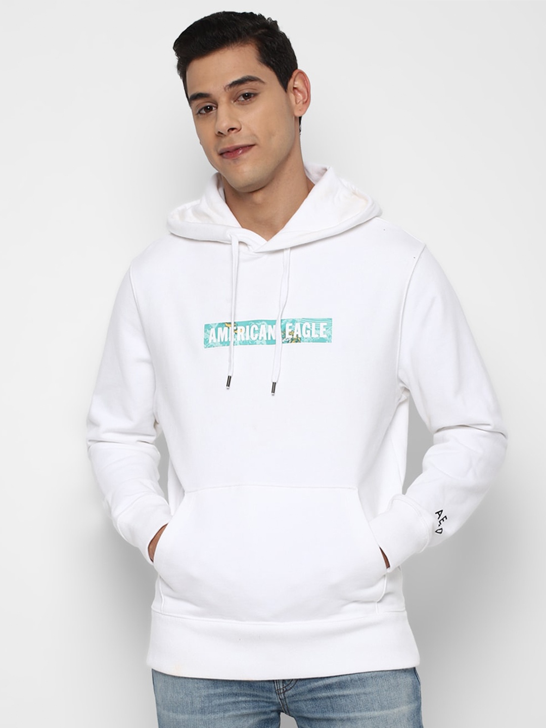

AMERICAN EAGLE OUTFITTERS Men White Printed Hooded Sweatshirt