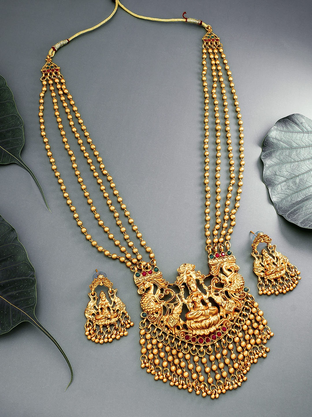 

aadita Gold-Plated Green & Red Stone Studded Temple Jewellery Set