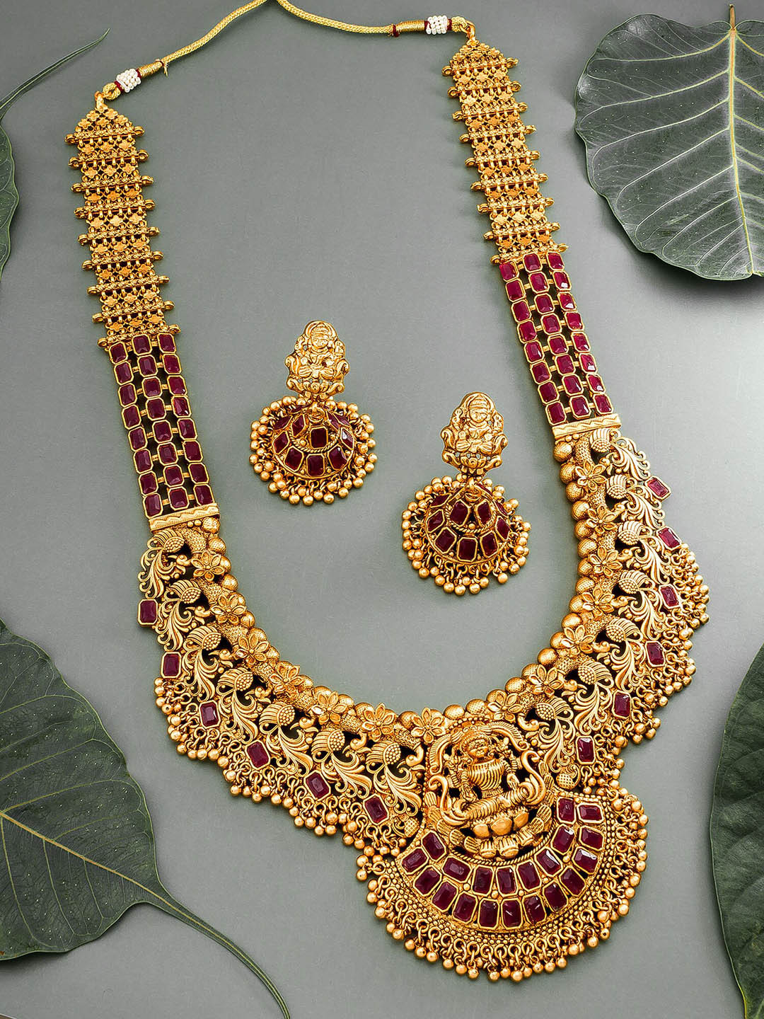 

Aadita Red & Gold-Plated Matinee Temple Jewellery Set